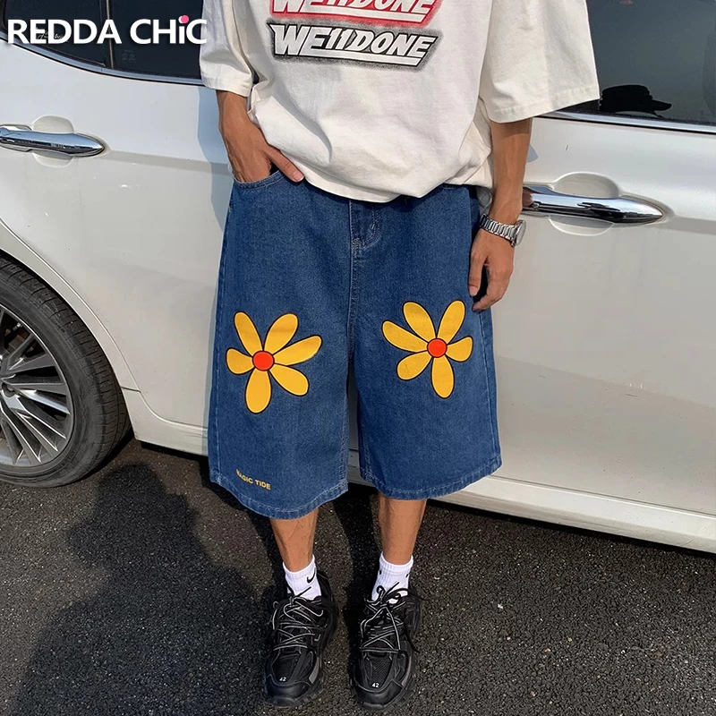 

REDDACHIC Men Daisy Print Blue Baggy Jeans Jorts Vintage Wash Low Waist Casual Loose Wide Leg Denim Shorts Y2k Summer Clothes