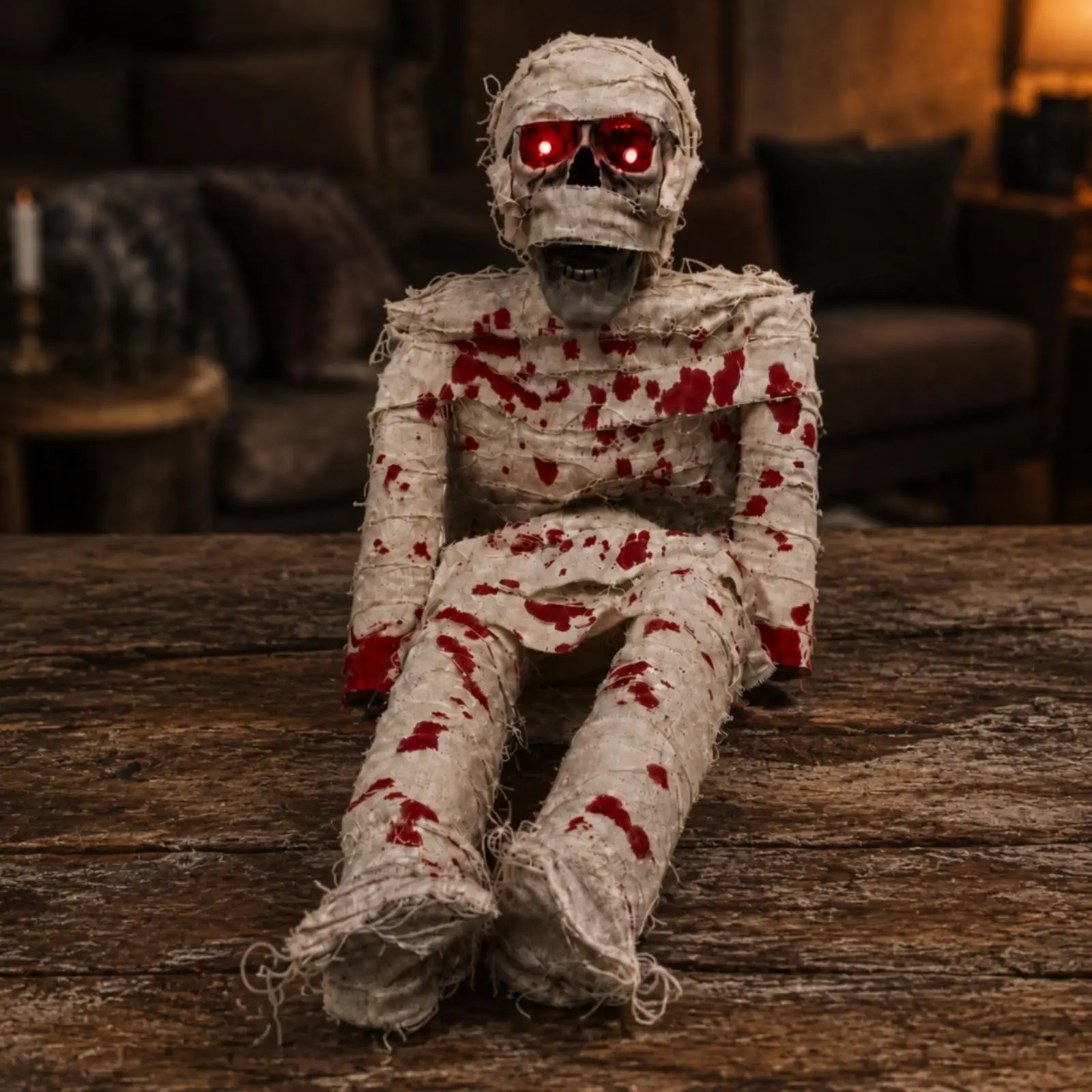 Sound-Activated Mummy Decoration with Glowing Red Eyes Installation Operated Halloween Mummy Prop Scary for Spine-Chilling