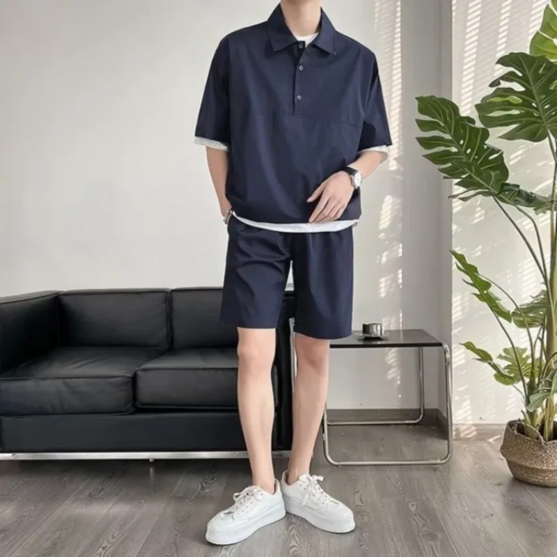 

Couple Casual Korean Style Ins Trendy Men's Summer Loose Fit Polo Shirt Shorts Set Solid Color Outfit