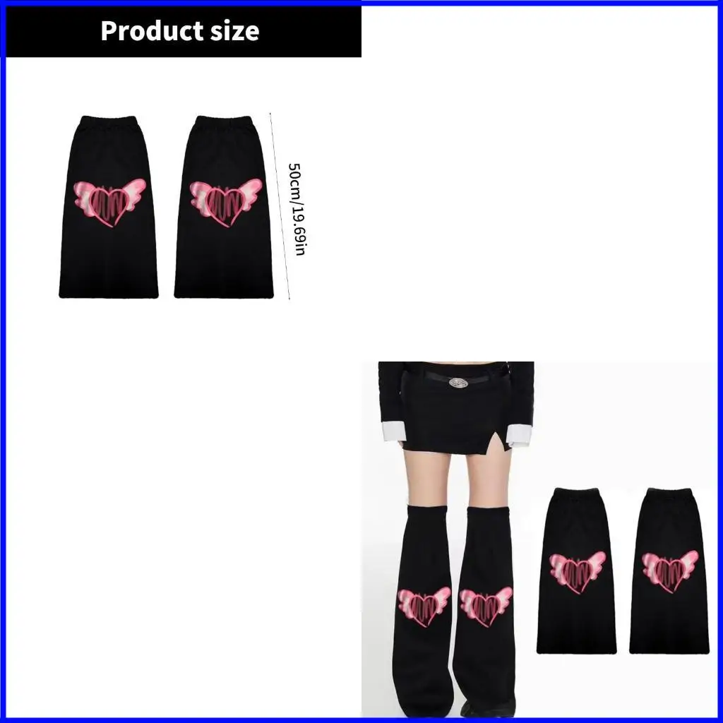 

Women Subcultures Punk Over Knee Black Denims Leg Warmers Heart Wing Print Flared Baggy Grunge Foot Covers Long Socks