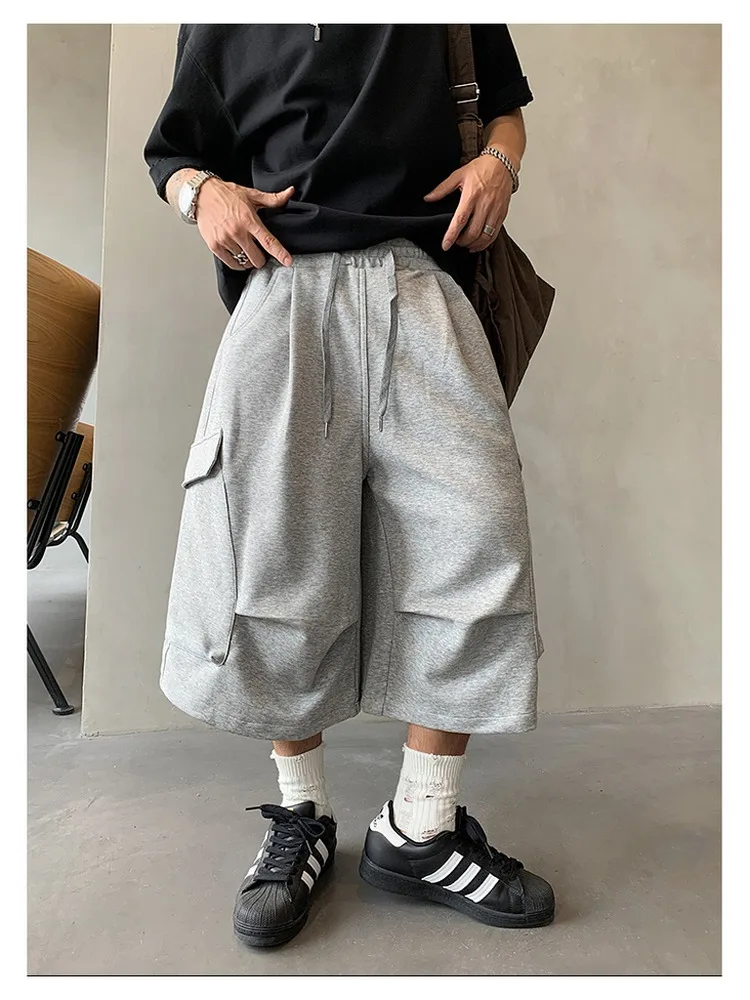 Retro Japanese Loose Neutral Multi-Pocket Workwear Wide Leg Seven-Quarter Shorts Men's Trendy Sports Casual Grey Sweatpants