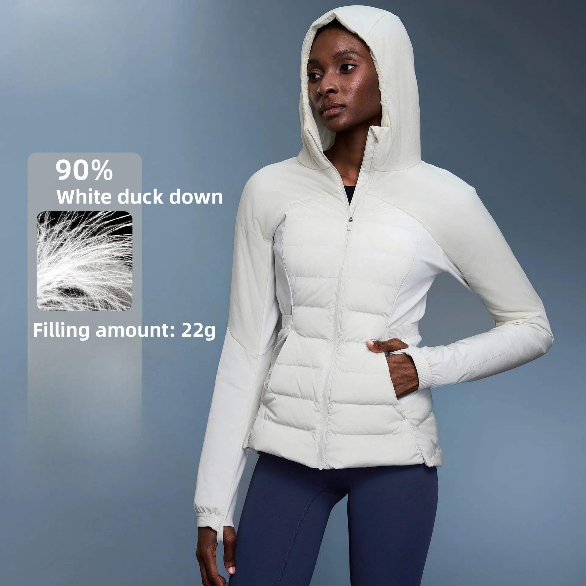 سترة نسائية كاجوال بغطاء للرأس خفيفة الوزن ومضادة للرياح ودافئة بيضاء اللون للأسفل سترة رياضية مريحة للجري واللياقة البدنية في الهواء الطلق