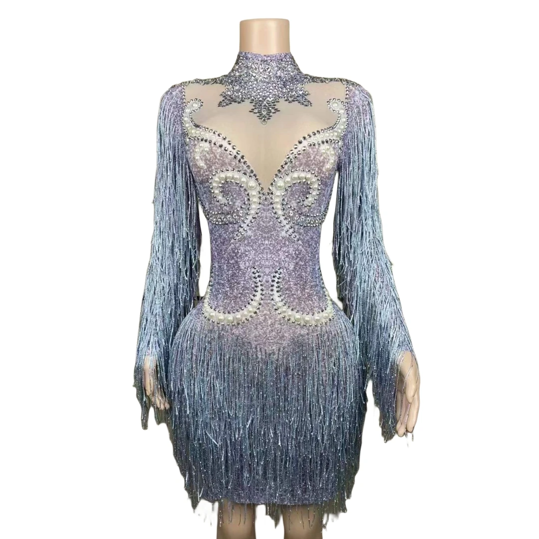 

Sheer Sparkly Short Dress For Women Fringe Rhinestone Long Sleeve Singer Birthday Cheerleader Queen Drag Costume Silver Purple