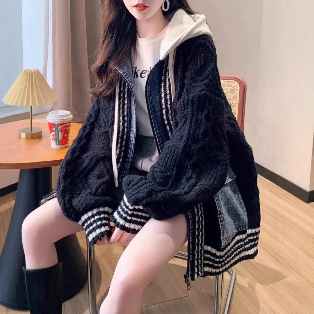 Cardigan feminino com capuz casacos de malha com zíper manga cheia jumpers y2k streetwear elegante malha casual aberto stith outono inverno