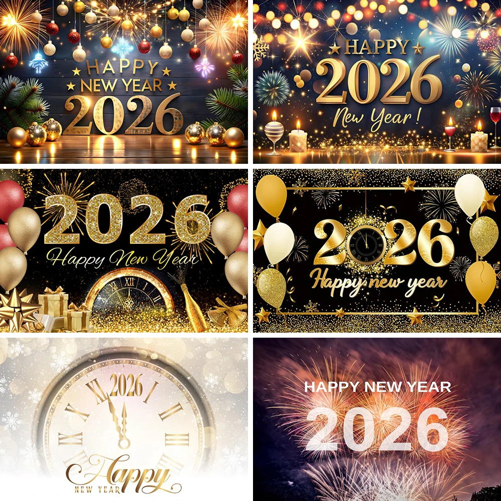 Fondo de Feliz Año Nuevo para fotografía 2026 fiesta de Nochevieja relojes con purpurina dorada champán fondos de Navidad accesorios para disparar