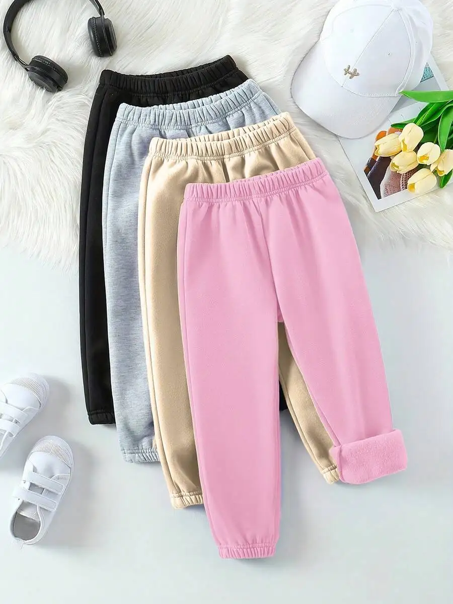 

Комплект из 5 мягких флисовых джоггеров для девочек, однотонные, с эластичным поясом, для повседневной носки зимой