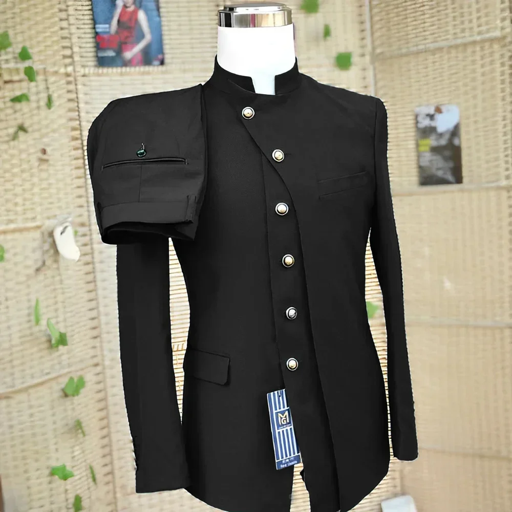 Men's Mandarin Collar Suit Asymmetrical Button-Front Design Outfits Unique Formal Casual Fashion Solid Color Male Suit 2 Piece