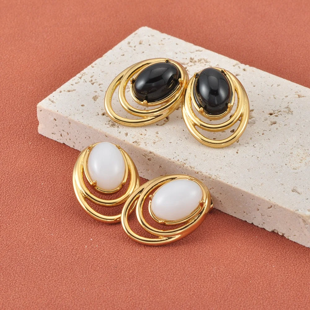 Lokaer Neue Produkte Statement-Ohrringe mit schwarzem Stein, wasserdicht, vergoldeter Edelstahl, Party-Ohrringe für Damen E26069