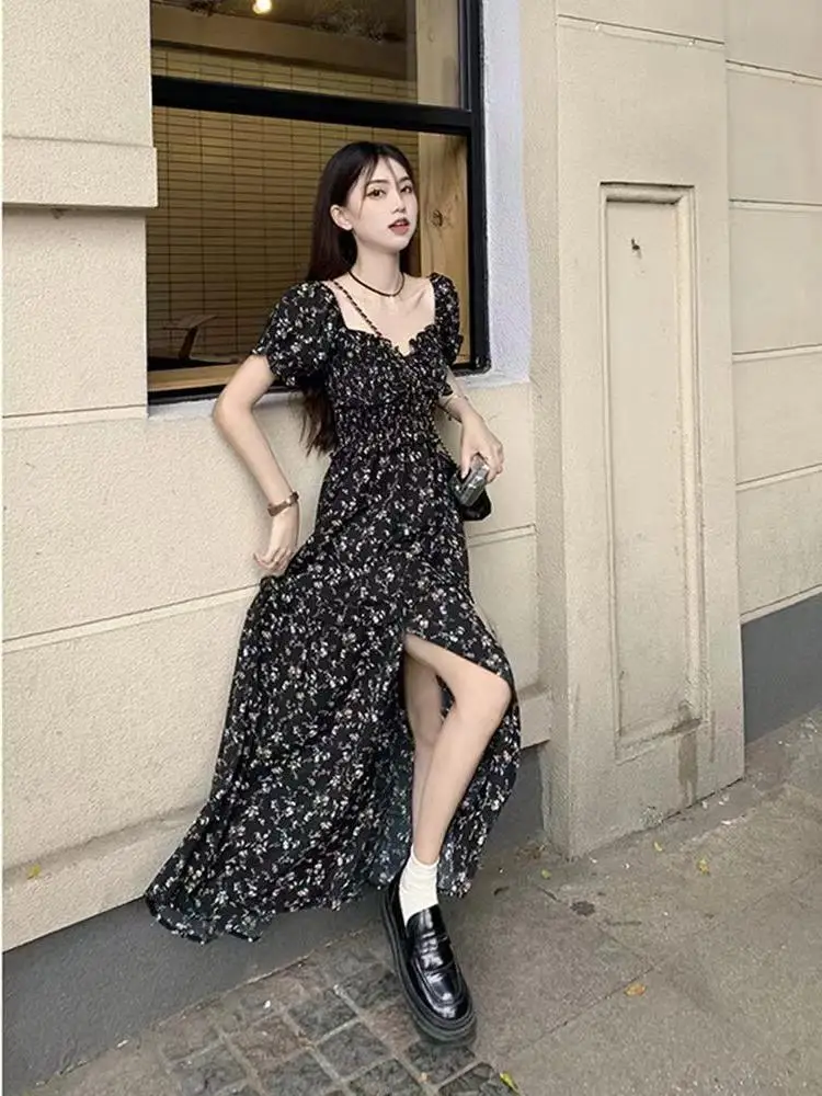 Women's Dresses Square Neck Short Sleeve Floral Distressed Dress High Waist Side Split Lovely Sweet Summer Thin 2024