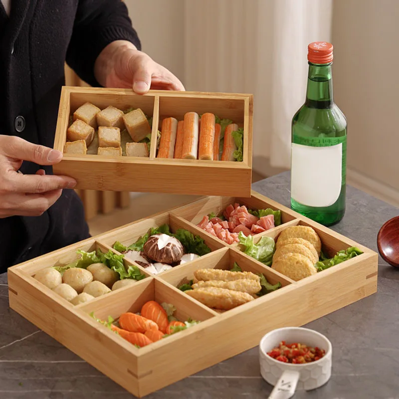

D5 Divided Wooden Tray Dish Multi Compartments Serving Tray Fruit Bowl Hot Pot Restaurants Tableware Sushi Plate 6 Compartments