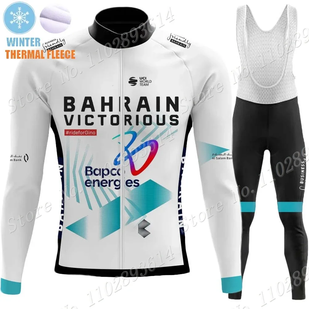 Winter Bahrain Victorious 2024 Team Cycling Jersey Set Long Sleeve Thermal Fleece Clothing Road Race Bike Jacket Suit MTB Ropa