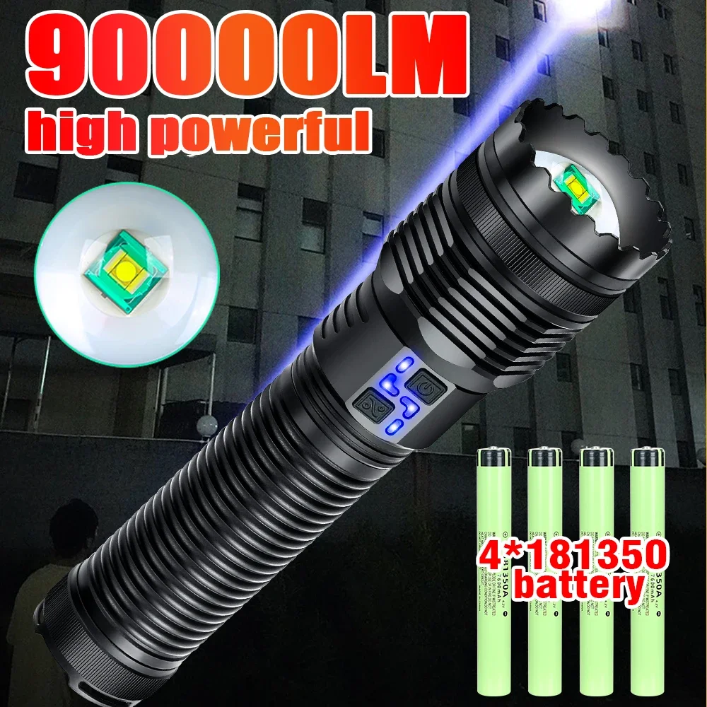 9000LM Ultra Bright Flashlight Use 4*181350 Battery High Power Long Range Zoom Lamp USB Rechargeable Lantern for Camping Fishing