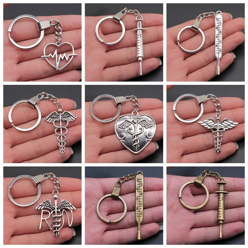Souvenir Gift For Medical Students Teacher Metal Alloy Syringe Thermometer Medical Symbol Key Chain Keyring Key Holder