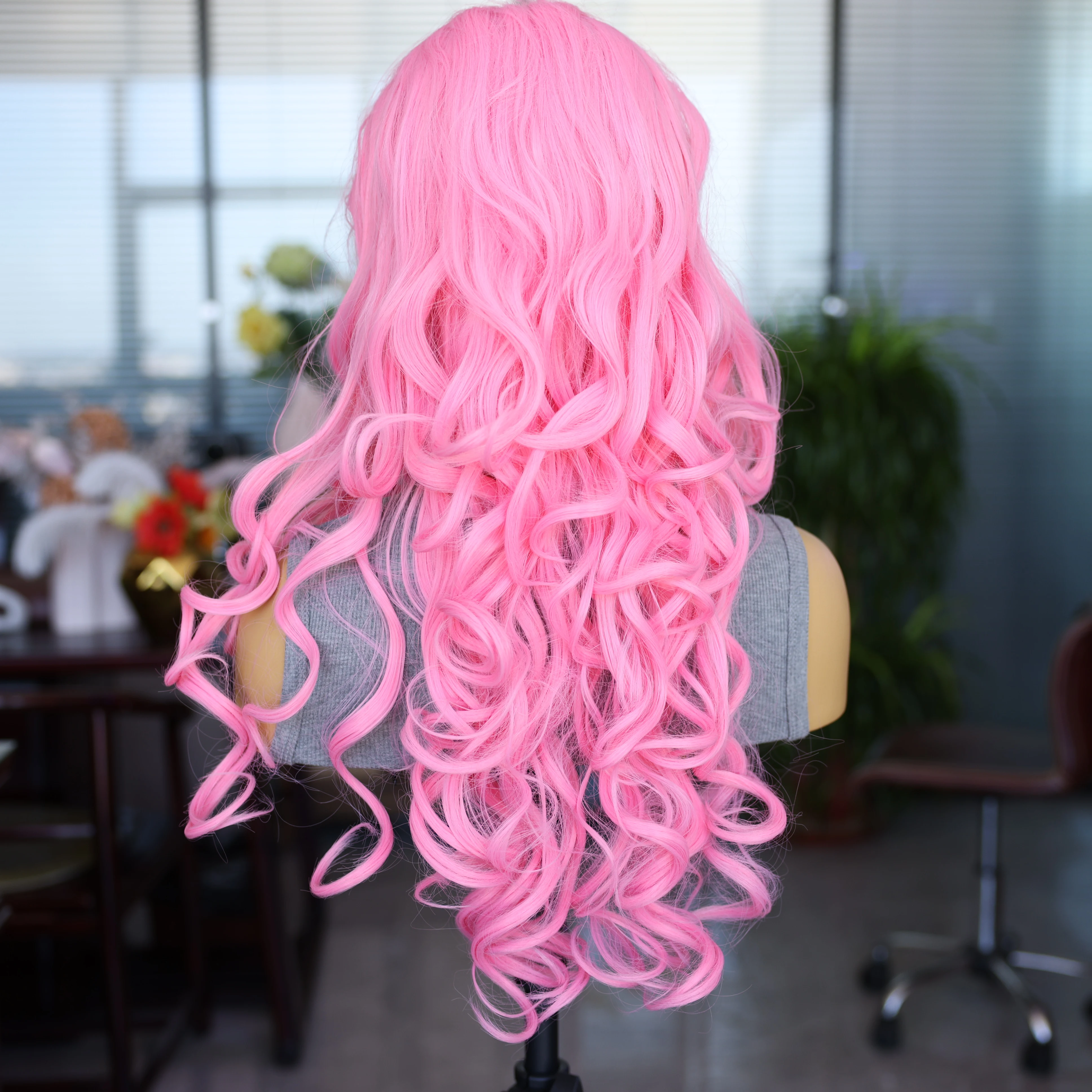 Pink 13*4 Lace Trimmed Synthetic Women's Wig Cosplay Party Long Wave Wig Transparent Lace 180 Density High Temperature Resistant