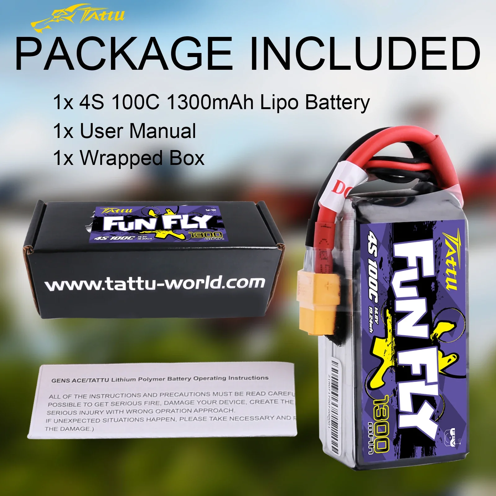 Tattu FunFly 100C 1300mAh 14.8V Lipo Battery 4S Battery XT60 Plug for UAV Types FPV Frame Practice 250 230 210 180 Size Racing