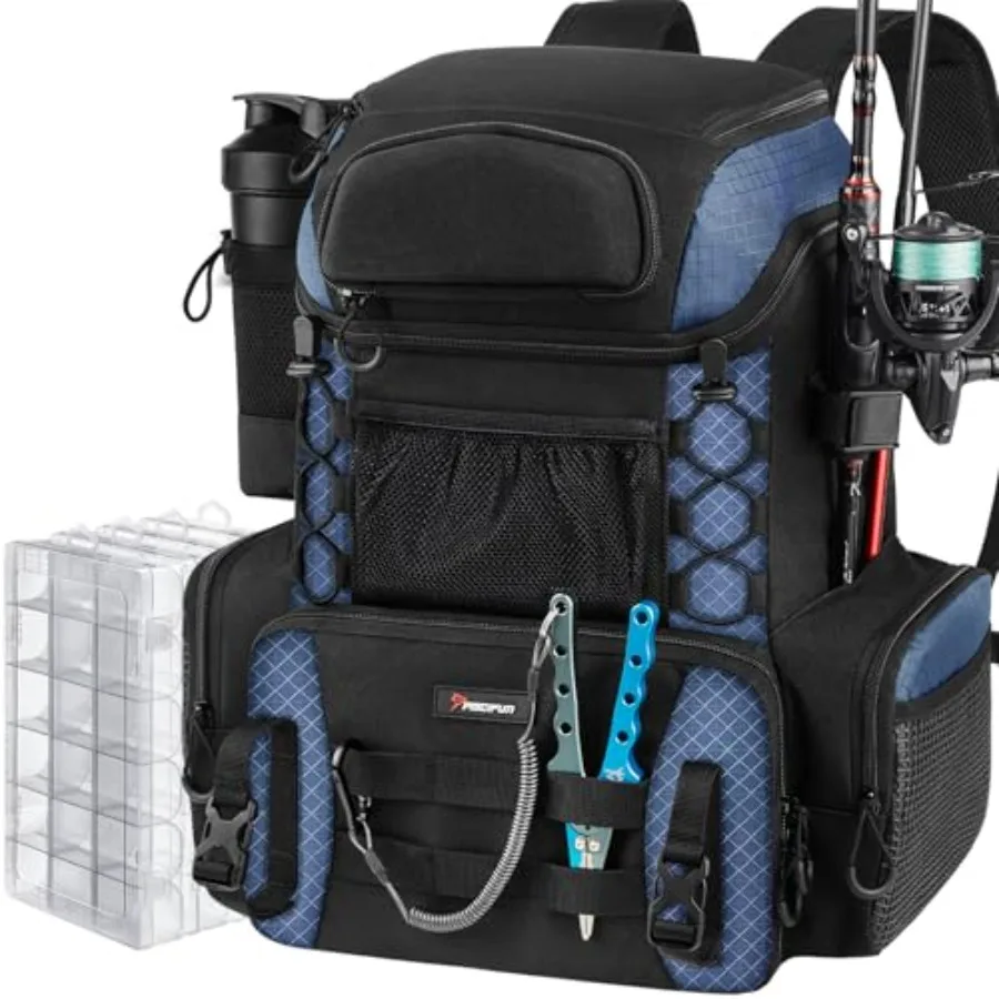 

Outdoor Fishing Backpack with Rod Holders and 4 Tackle Boxes 42L Waterproof Rain Cover Durable Polyester Material Black Design