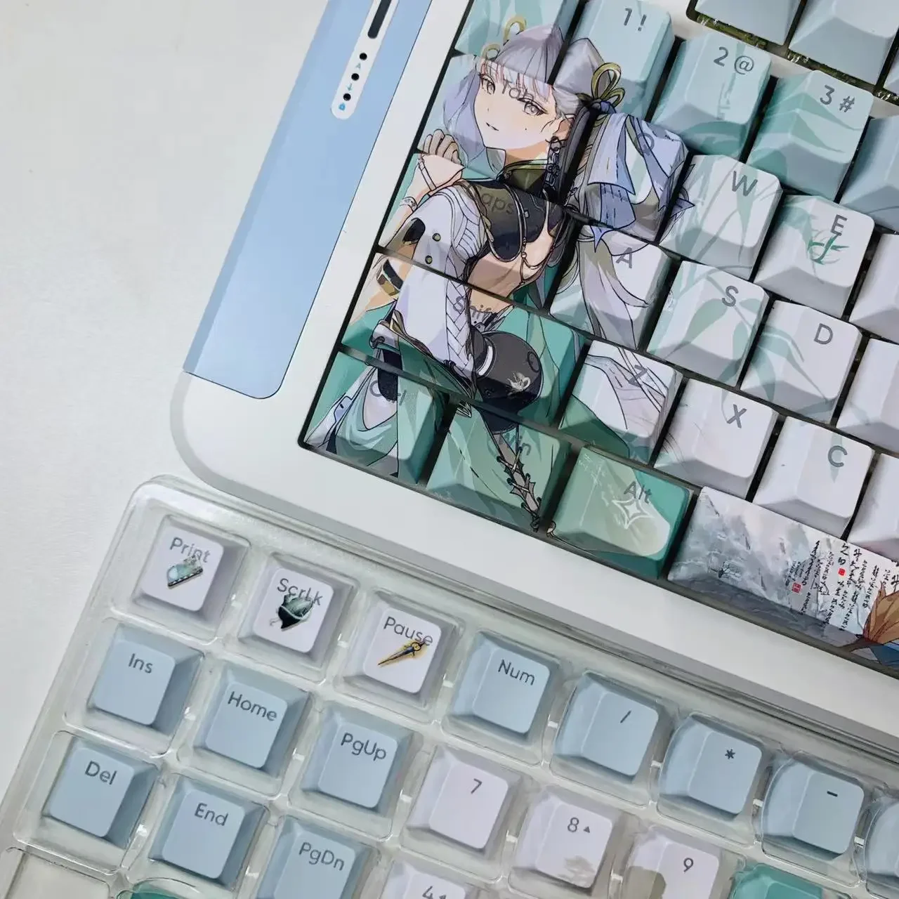 Tampa chave de jogo translúcida ondas wuthering jinhsi tema keycaps anime 120 chave pbt corante sub cereja mx switch para teclado mecânico