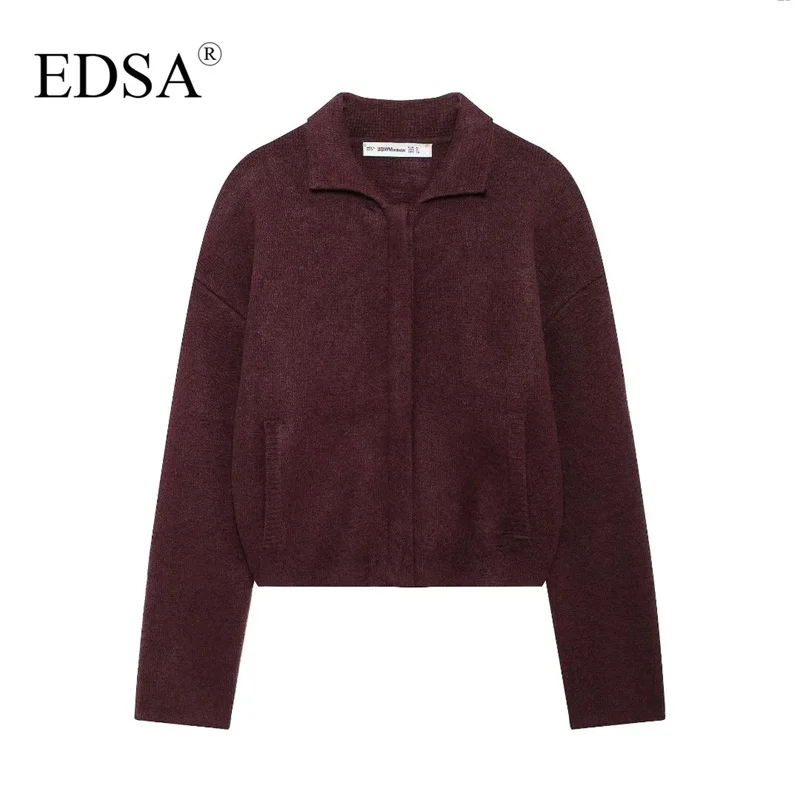 EDSA Women Knitted Bomber Jacket Lapel Zipper Vintage Burgundy Color Coat New Fall Winter Stylish Knitted Cardigan