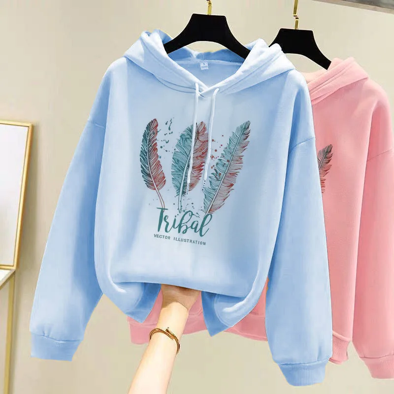 Autumn Hoodie Solid Color Feather Pattern Hooded Korean Fashion Sweatshirts Long Sleeve Top Drawstring Pockets Loose Hoodies