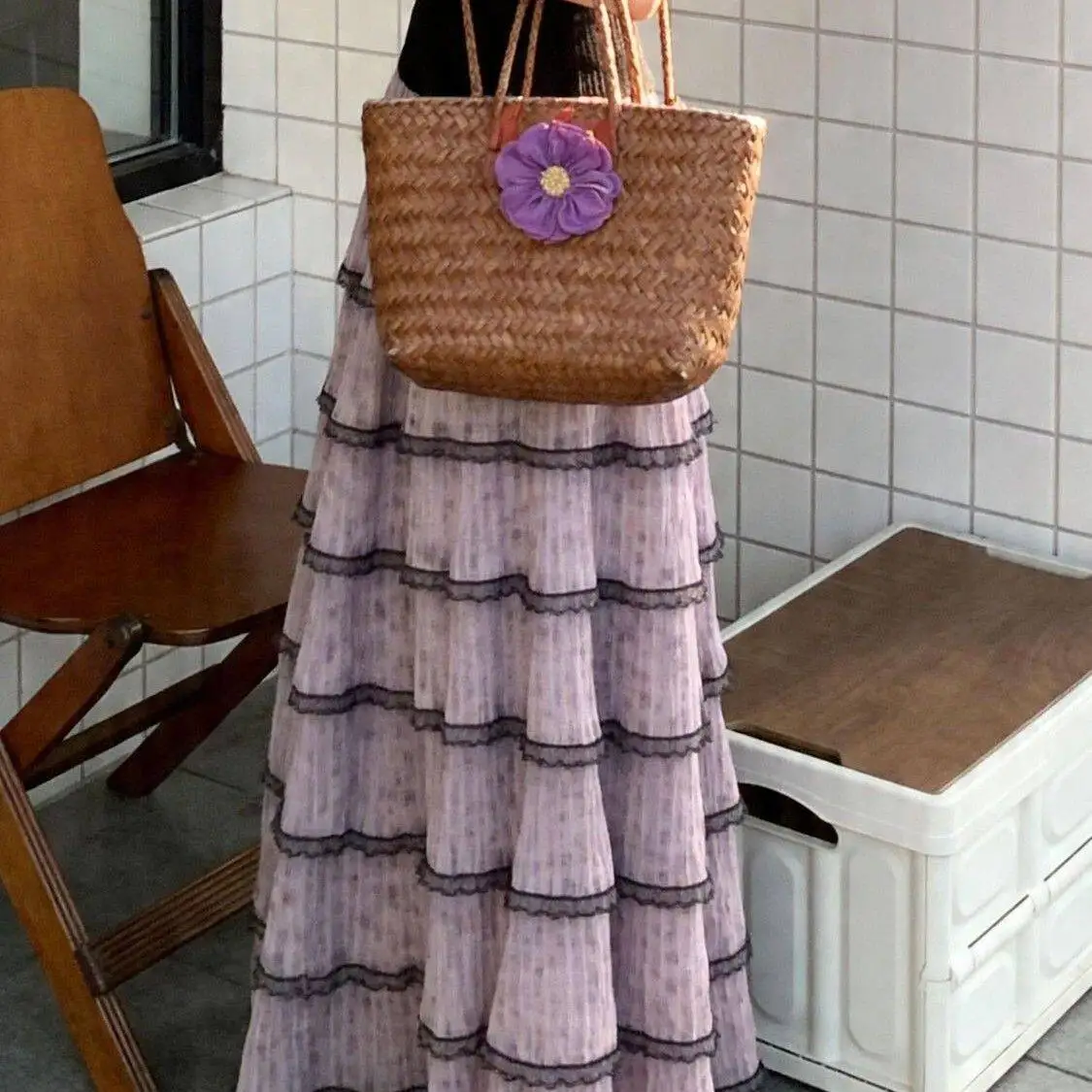 Elegant Purple Fluffy Cake Skirt High Waist Fairy Gown Half-length Polyester Fabric Non-deformable Casual Style Commute Suitable