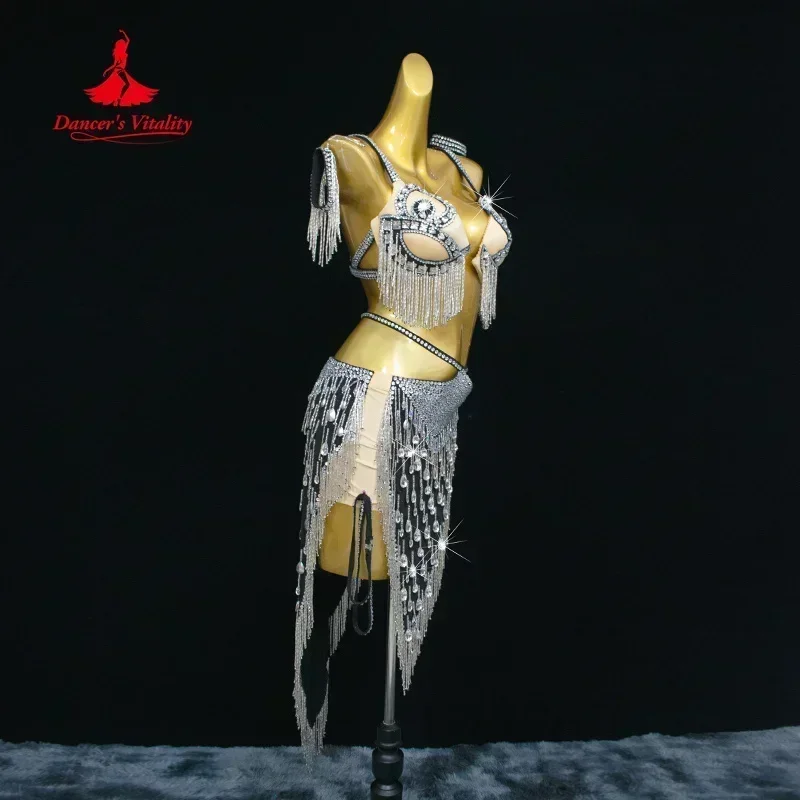 BellyDance Performance Suit Customization Senior AB Stones Bra+rhinestone Tassel Skirt 2pcs Oriental Dance Competition Clothing