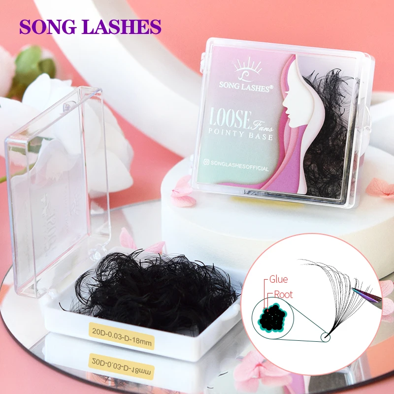 SONG LASHES 480-550 Wentylatory 12D do 20D 0.03 Grubość Spiczasta podstawa Rosyjska objętość Luźne wentylatory Cienka spiczasta podstawa Rosja Rzęsy objętościowe