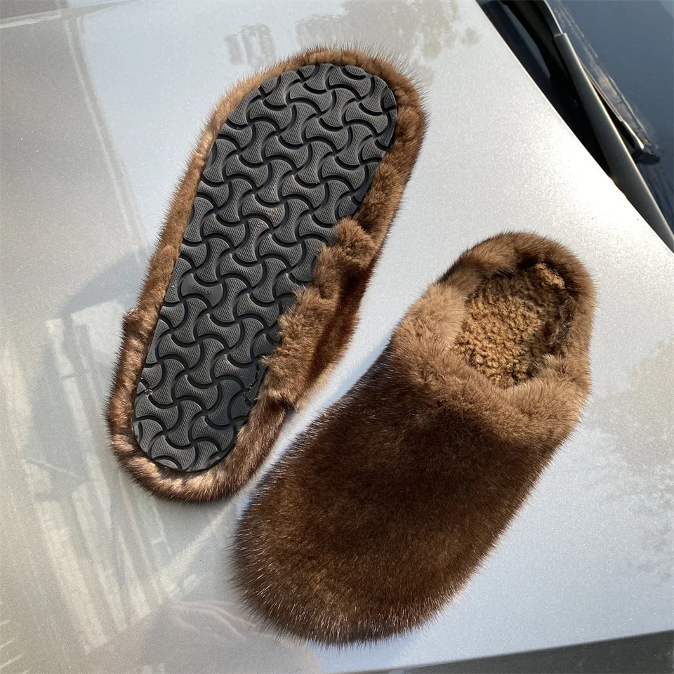 Damen Plateau-Sandalen mit Echtem Fell 2026 Herbst Winter Dicksohlige Hausschuhe für Frauen Outdoor Rutschfeste Natürliche Nerzfell-Pantoffeln – Detail 4