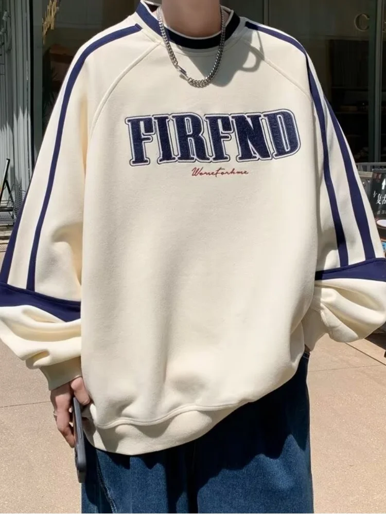 

Heavyweight Men's Spring Autumn Hoodie American Retro Striped Splicing round Ne Hatl Jaet Teen Casual Sports Wear