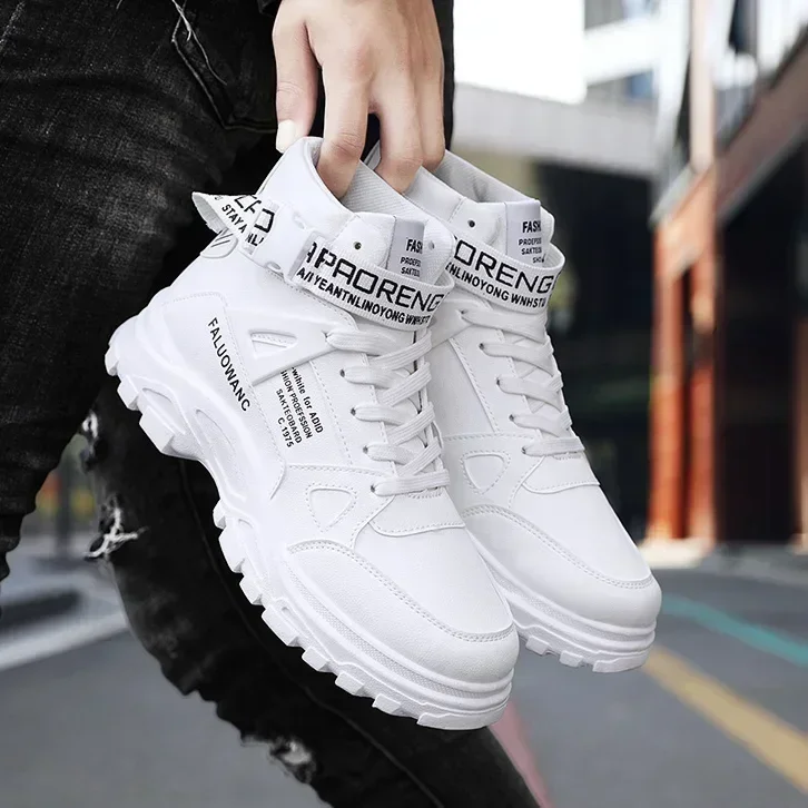 High Top Men Boots Pu Leather Sneakers White Ankle Boots for Men Trendy Buckle Decoration Sports Shoes 2024 New Man Board Shoes