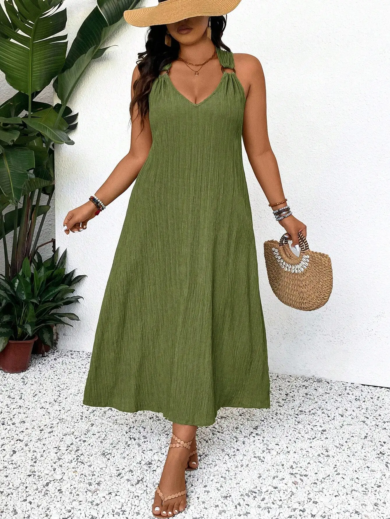 

Green V Neck Halter Strap Flowy Maxi Dress Beach Summer Bohemian