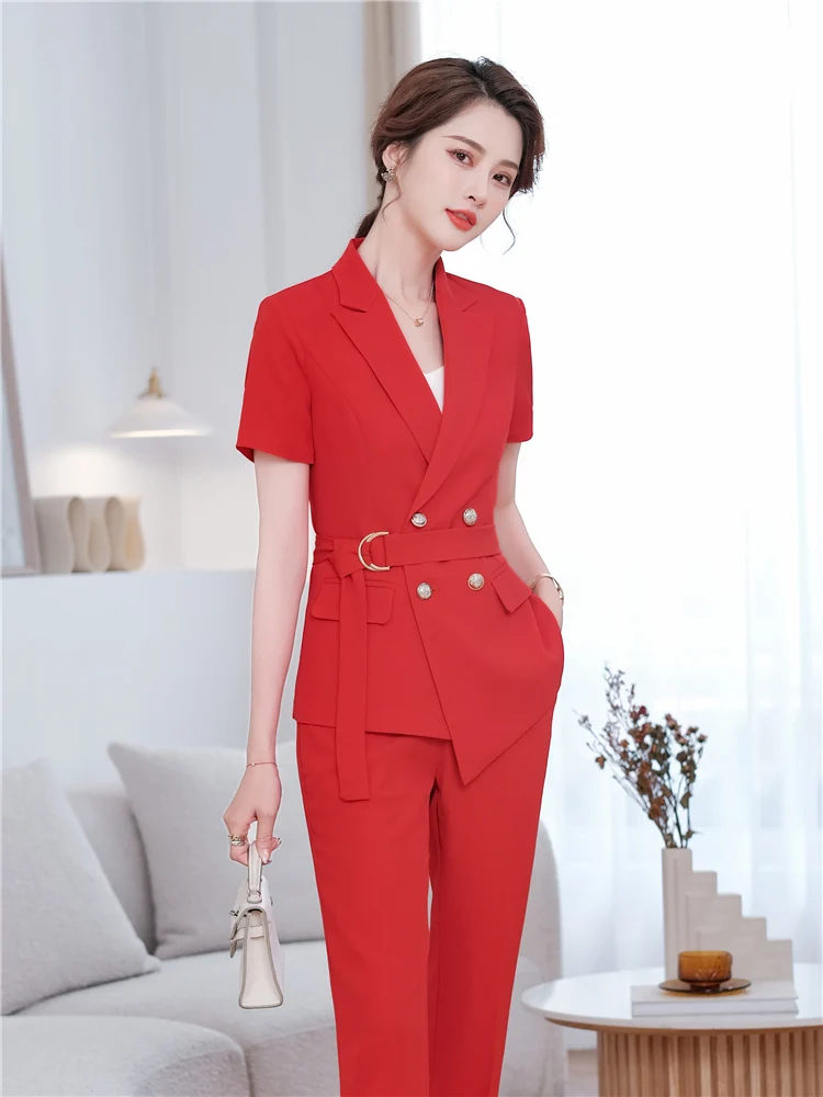 Red Pants Suit for Women Sexy V-Neck Belt Short Sleeve Blazer Coat+Pants Trousers Female Office Suit 2 Pcs Sets 2024  Summer