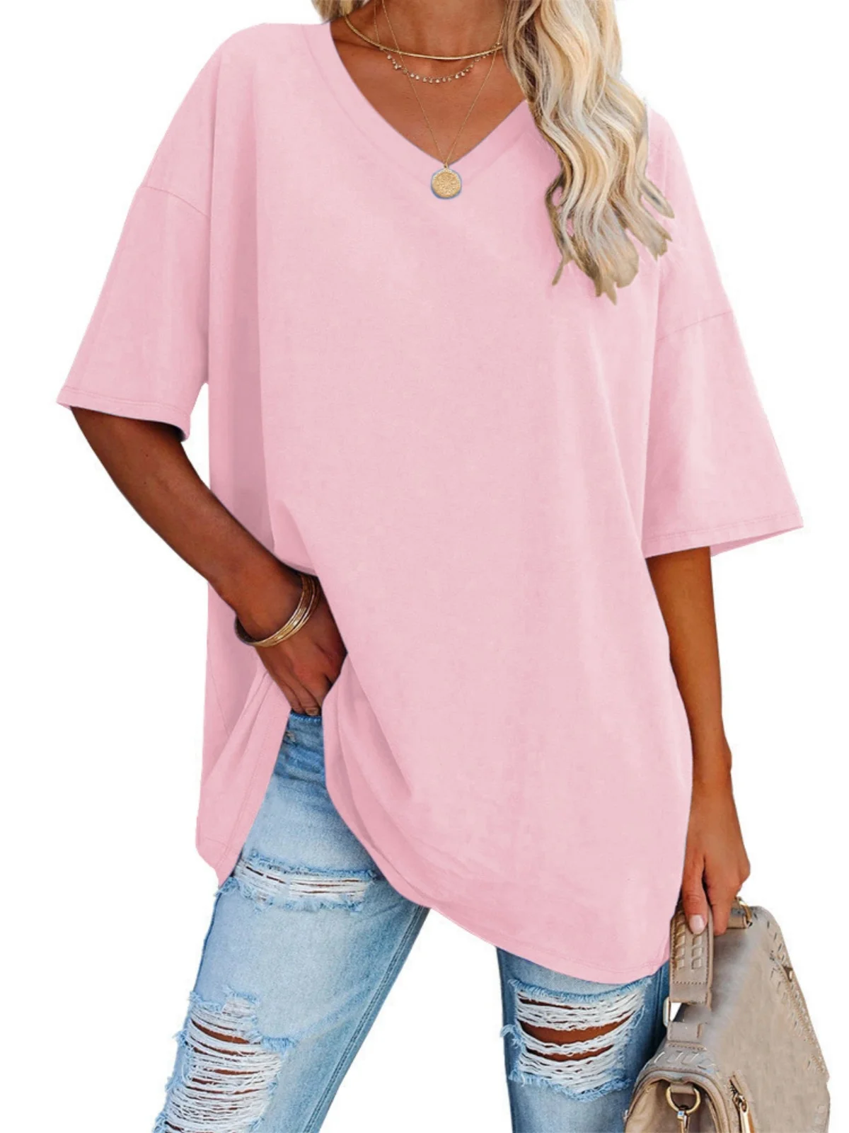 

V-Neck Simple Basic Crop Top Women Solid Color Short Sleeve T Shirts Casual Loose Fit Pullover Tops Summer Aesthetic Clothes