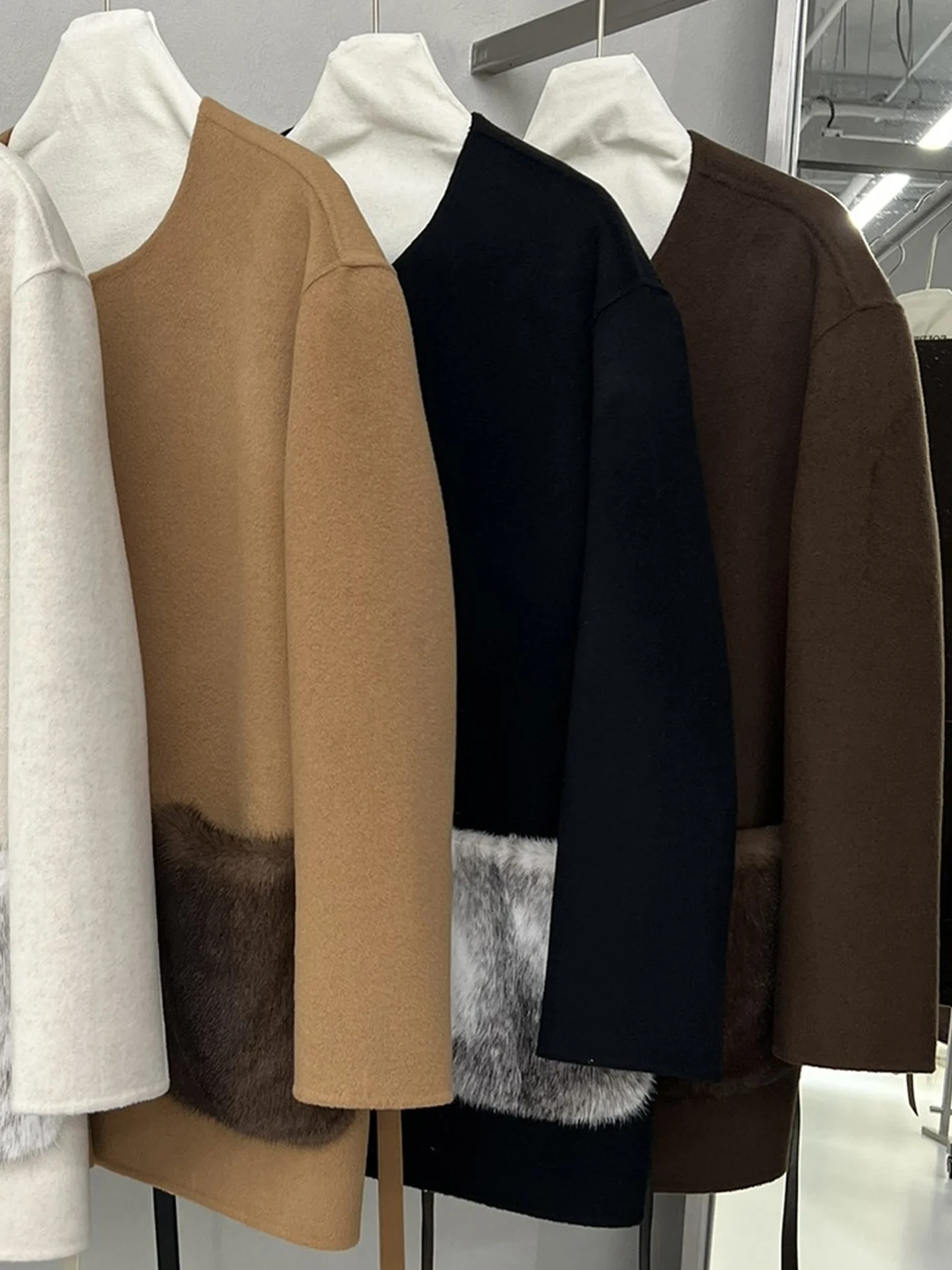 秋冬高級コート 秋冬新作 ブルーミンク ミンクファー襟付き カシミヤウールコート レディース