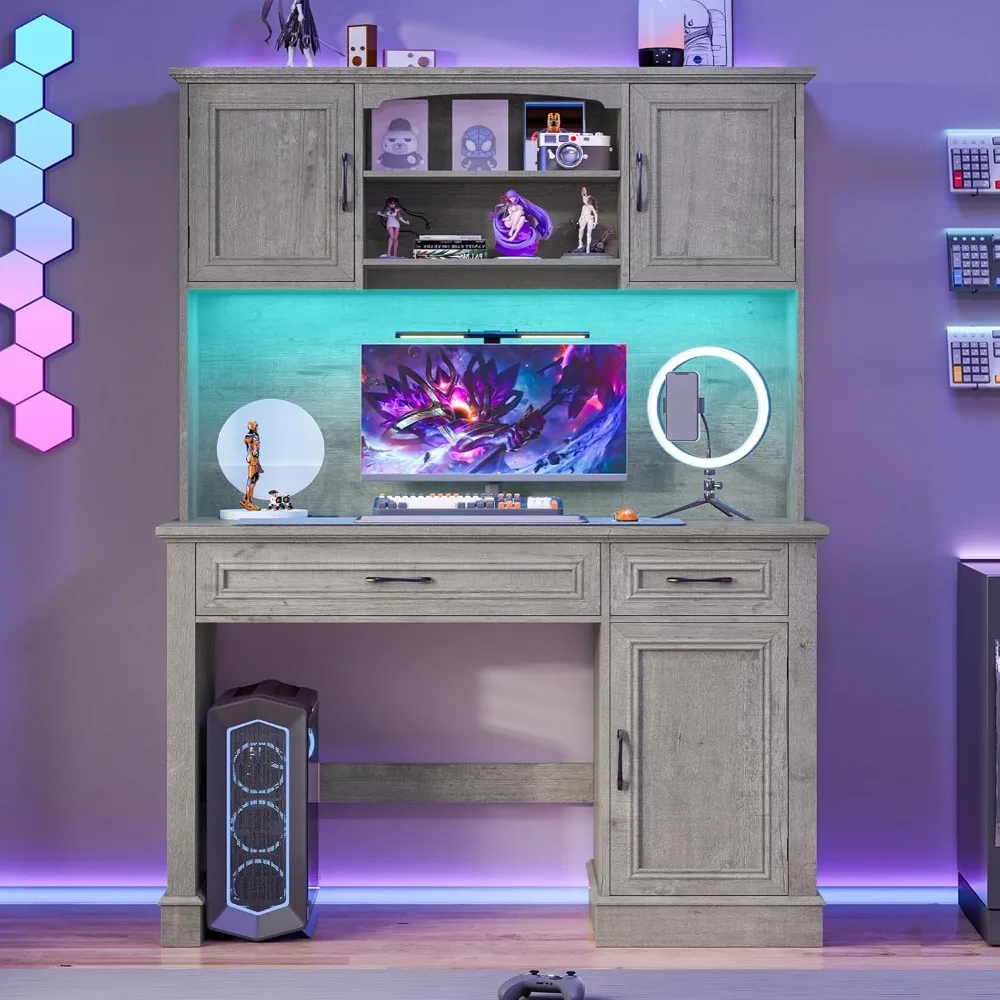 

Farmhouse 47 Executive Desk with Hutch, 2 Drawers and LED Light, Computer Desk with Storage Cabinet and Charging Station,Worksta