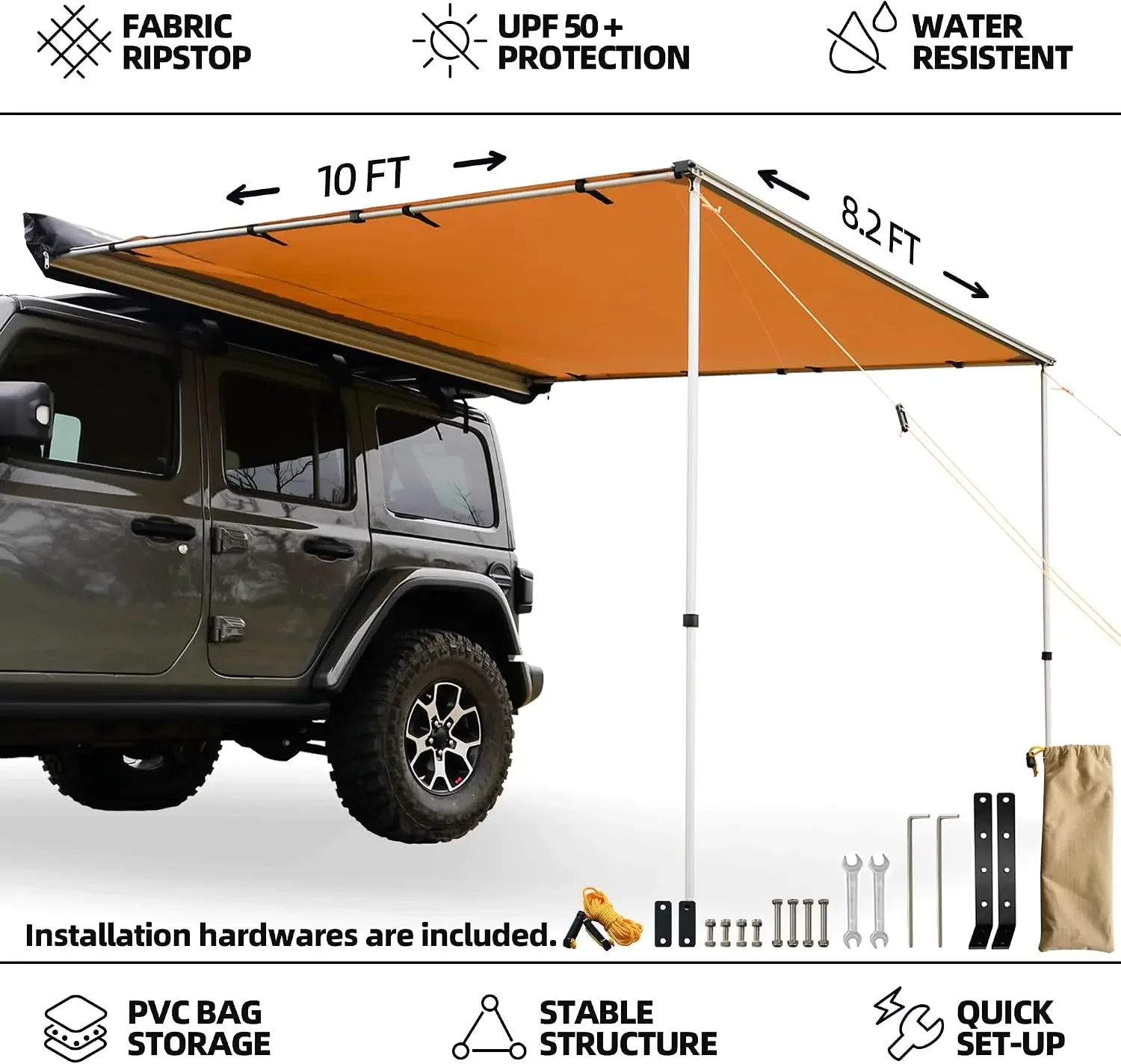 US Shipping Brand new Vehicle Awning, 8.2ft x 10ft, Rooftop Pullout Ripstop UPF50+ Side Awning, Reinforced Hinges & Poles for Je