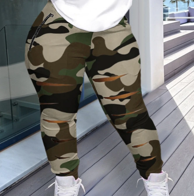 Summer New Fashion Sets for Women 2 Pieces Zipper Burnt Sweater Set Camo Patchwork Printed Top Casual Cropped Pants Set