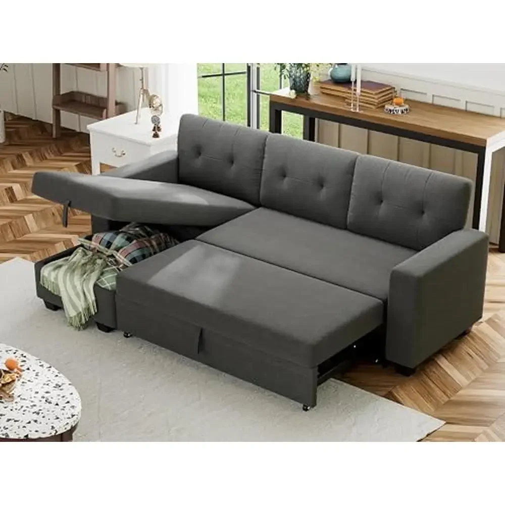 

Convertible Sleeper Sofa Bed with Hidden Storage Chaise Linen Fabric Living Room Furniture Pull Out Couch Apartment Organizer