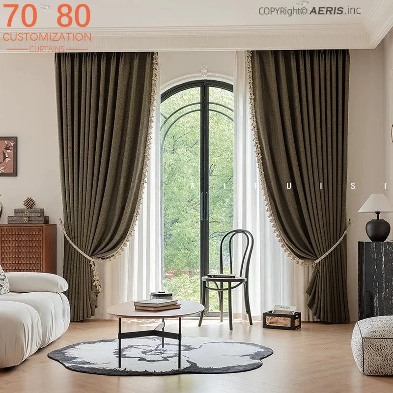 Forest Retro Green Cotton Linen Jacquard Thickened Curtains for Living Room Bedroom French Window Customized Finished Partition