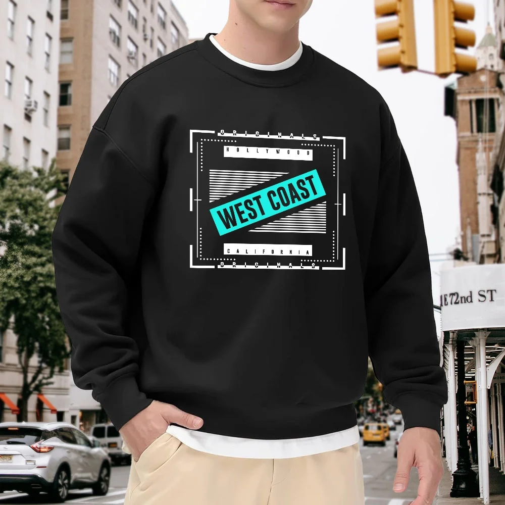 

Men's Black Crew Neck Loose Sweatshirt with West Coast Lettering Print, Trendy Top, Casual Street Style Versatile Piece, Comfortable and Soft, Suitable for Everyday Wear and Sports