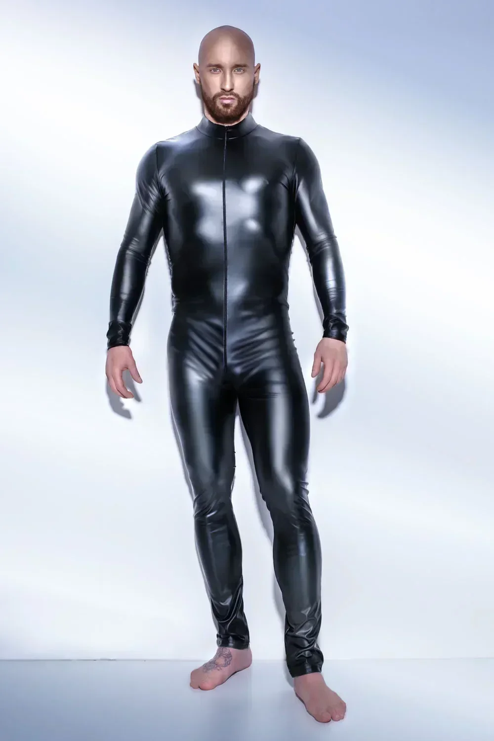 

Men's Wetlook Faux Leather One Piece Skin Bodysuit Double Zipper Open Crotch Tights Catsuit Suit Male Fetish Costume Clubwear