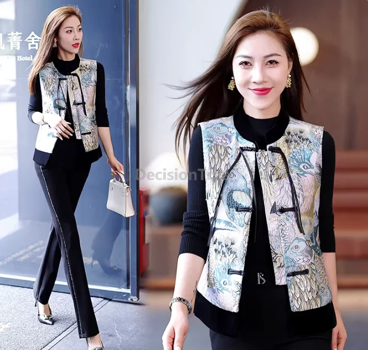 Chinese style Big size women patchwork vest cheongsam collar buckle lady versatile sleeveless jacquard bird Outerwear vest