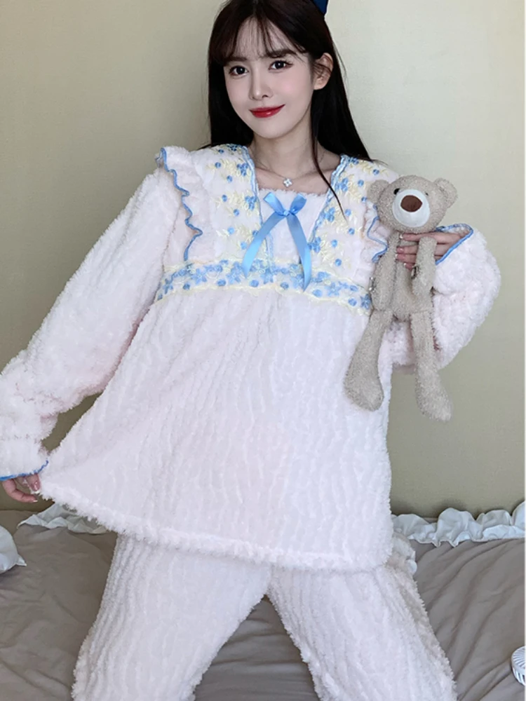 Winter Pajama Women Baggy Simple Casual Korean Style Plus-velvet Long Sleeve Stylish Elegant Sweet Loungewear College Slouchy