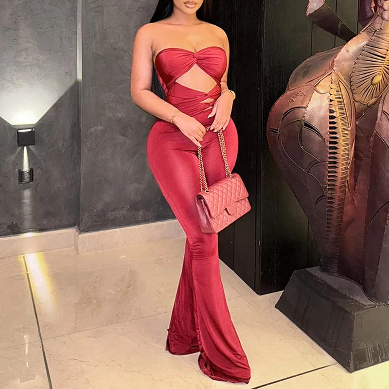 BKLD Rosso Senza Spalline Irregolare Scava Fuori Pieghe A Vita Alta Slim Fit Senza Maniche Backless Tuta Pantaloni Svasati Abbigliamento Da Festa Sexy