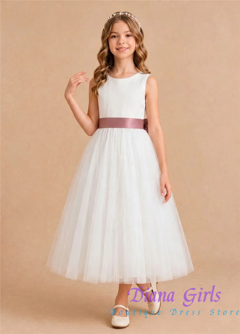 Elegant Flower Girl Dress White Satin With Tulle Fluffy Button Applique for Little Princess Wedding Birthday Evening Ball Gowns