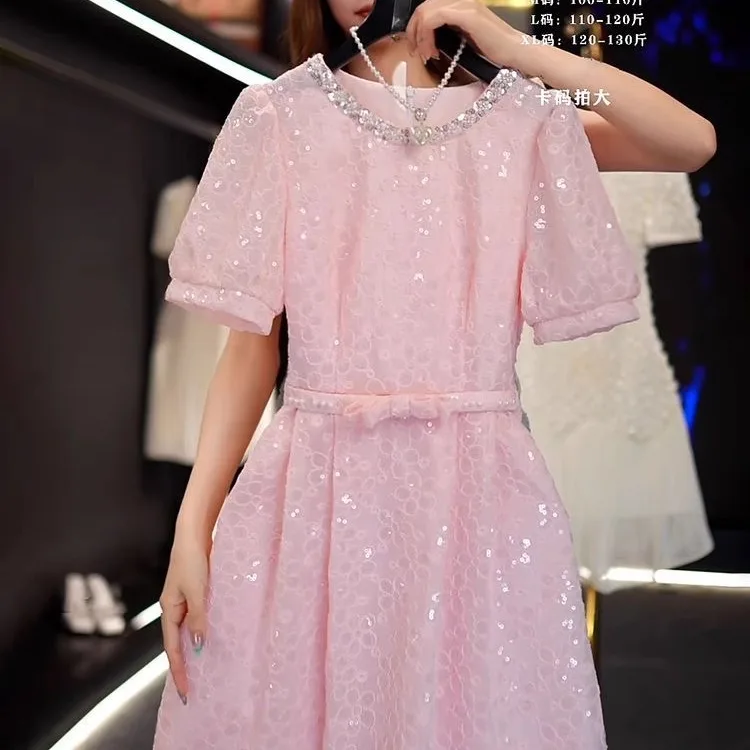 French small fragrance style heavy industry design sense temperament pink dress women's summer commuting elegant dress