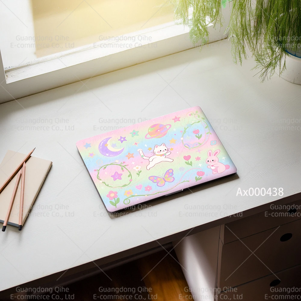 2 Pcs Dreamy Pastel Fairy-Tale Laptop Stickers Self-Adhesive Waterproof Decals for MacBook with Starry Sky & Cute Pets Crafts