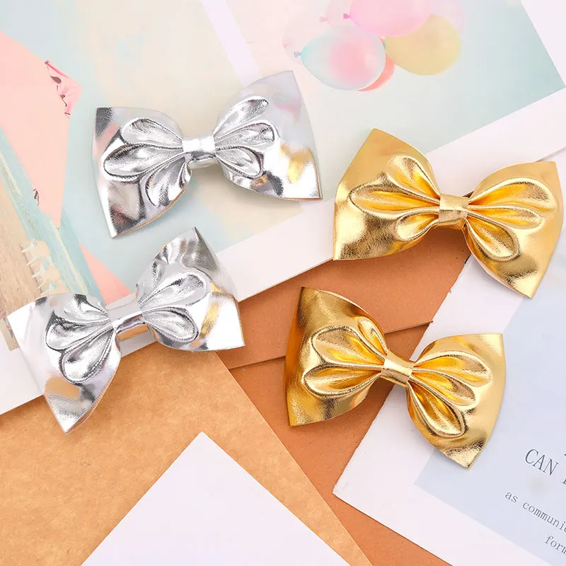 2Pcs Gold Hair Bow Clip For Children PU Sliver Metallic Hairpins Shinning Golden Barrettes Headwear Girls Hair Accessories