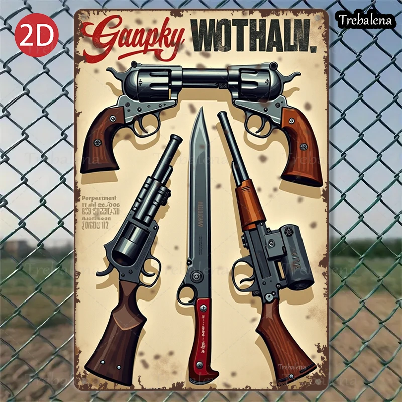 

1PC 2D Flat 8*12inch Metal Sign Vintage Western Guns and Knife Art Decor