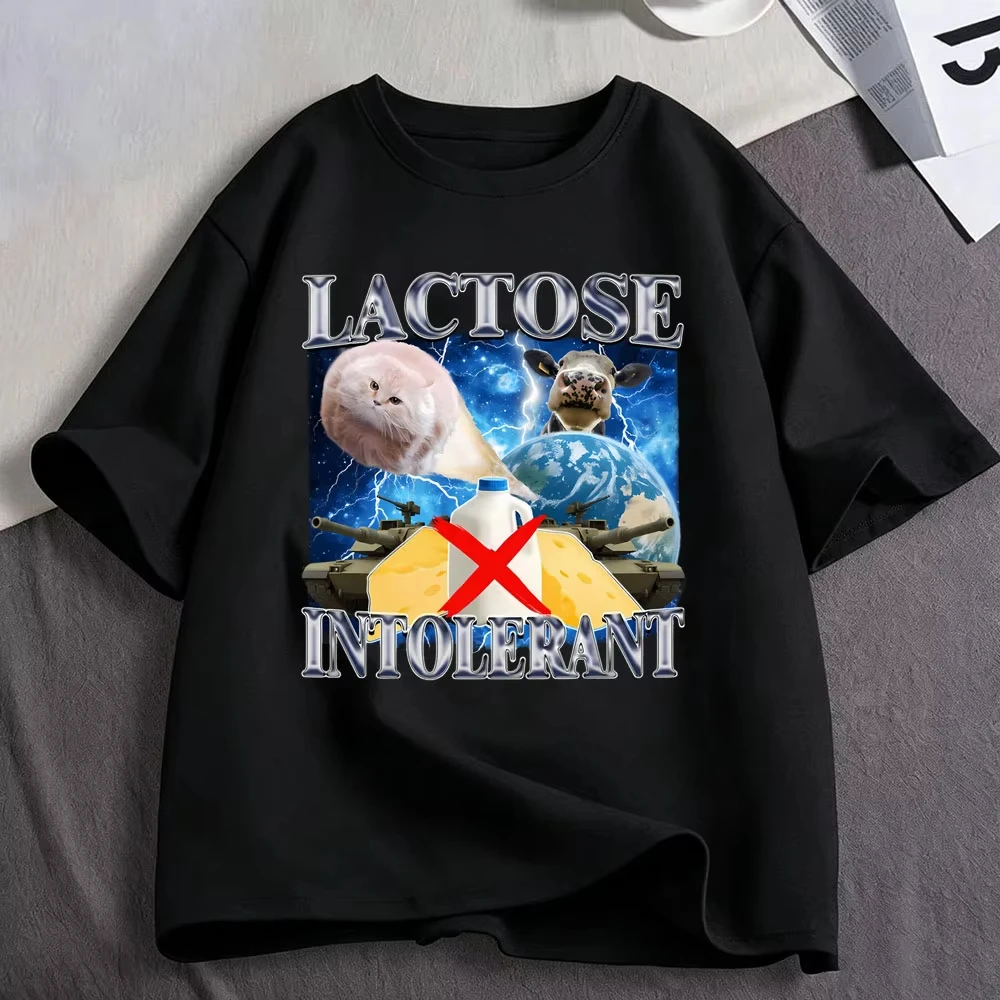Lactose Intolerant Funny Cat Meme Graphic T Shirts Men's Women Clothing Fashion Cotton Casual Short Sleeve T-shirts Streetwear