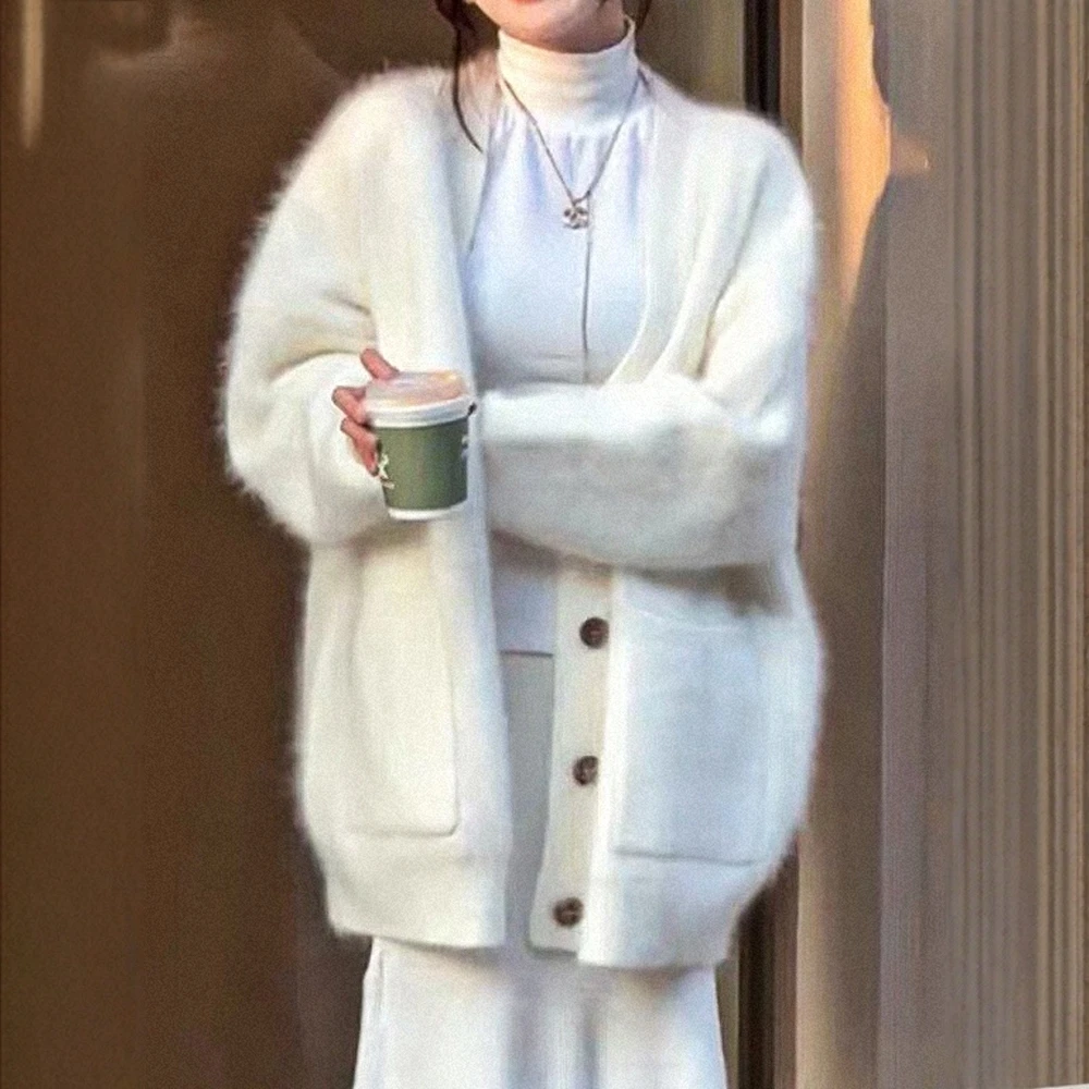 

Женский кардиган с длинным рукавом и v-образным вырезом, корейская простая однотонная однобортная осенне-зимняя повседневная рубашка с открытием